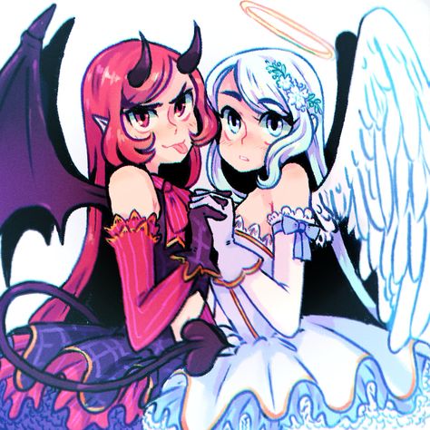 Angel And Demon Drawing Reference, Angel And Demon Drawing, Angel And Devil Art, Angel And Devil Drawing, Demon Girl Drawing, Angel X Demon, Demon X Angel, Demon And Angel, Angel Y Diablo