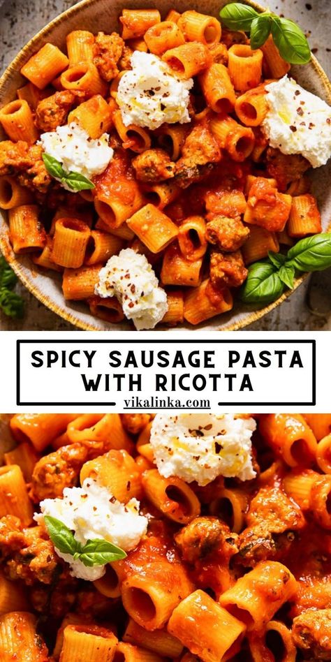 Ricotta Pasta Sauce, Vikalinka Recipes, Ricotta Pasta Recipes, Sausage Ricotta, Pasta With Ricotta, Spicy Pasta Recipes, Spicy Sausage Pasta, Sausage Pasta Recipes, Spicy Pasta