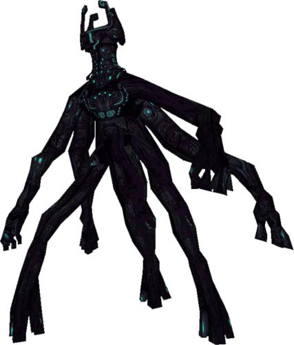 Once members of the Twili race, these individuals have been changed into hulking abominations by the powers of the Fused Shadows that were created by the Dark Interlopers. Unlike most creatures warped by the dark magics of the Interlopers, these beasts have retained the intelligence of their hosts and are capable of tactical planning and strategic thinking. Shadow Link Four Swords, Fused Shadow Zelda, Zelda Horror, Shadow Beast, Elemental Art, Ganondorf Fanart Twilight Princess, Twilight Realm Zelda, Edgy Fonts, Shadow Monster