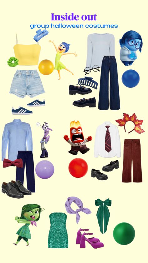 #halloween #insideout #disney #5 #groupoffive Disney Or Pixar Costumes, Disney Character Halloween Costumes, Disney Characters Halloween Costumes, Disney Group Costumes, Pixar Costume, Maquillaje Aesthetic, Disney Sidekicks, Group Of Five, Group Costumes