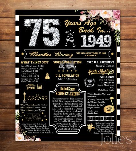 "Custom 75th Birthday Poster, 1949 Printable Sign Board - Style 28 A fun birthday poster filled with facts, events, and tidbits from 1949. Makes an excellent gift or party decoration!  DIGITAL PRINTABLE FILES ONLY! No physical prints will be sent   NO shipping cost! Digital file will be emailed to you   There are some good printing services you can reference: - Walgreens: http://photo.walgreens.com - Staples: www.staples.com - Vistaprint: www.vistaprint.com - Costco: www.costcophotocenter.com/Home - Shutterfly: www.shutterfly.com/prints/collage-posters MAIN FEATURES: * Digital printable files with custom size of your choice (16\"x20\", 11\"x14\", 20\"x30\", etc.). * Includes two JPG files and a PDF version with high resolution of the same print. * All files are 300 DPI High Resolution file 75tg Birthday Ideas For Mom, 75th Birthday Themes For Mom, 74th Birthday Party Ideas For Mom, 75th Bday Party Ideas, 75 Birthday Party Ideas Dad, 75 Th Birthday Party Ideas, 75 Birthday Party Ideas Mom, 75 Birthday Decoration Ideas, 75th Birthday Ideas For Dad