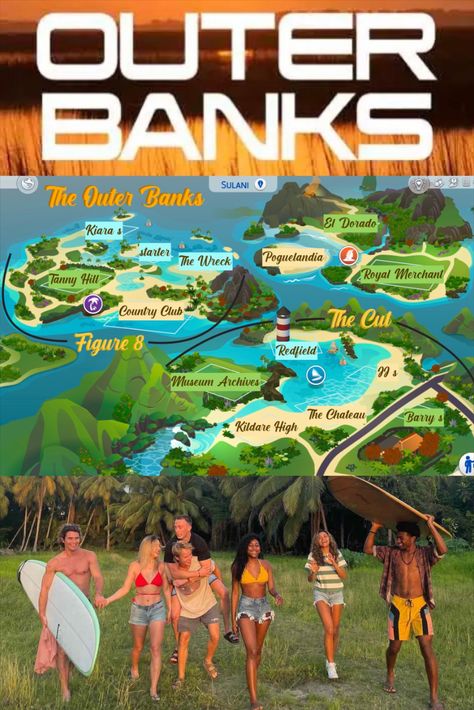 Bring popular locations from the hit Netflix series "Outer Banks" to your Sims 4 "Island Living" map, Sulani.  #outerbanks #poguelandia #kooksvspogues #p4l #sims4sulani #sims4islandliving #sims4mapidea The Sims 4 City Living, Sims 4 Sulani Map Replacement, Lilo And Stitch House Layout, Sims 4 Cc Locations, Outer Banks Bloxburg House, Sims 4 Houses Island Living, Sims4 Island Living Houses, Sims 4 Building Challenge, Gameplay Ideas Sims 4