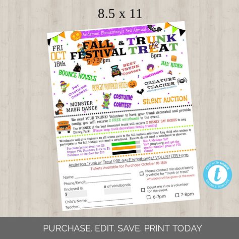 Editable School Fall Festival Trunk or Treat Flyer Volunteer Form Template; 8.5x11, PTO PTA Elementary School Fundraiser; Printable https://etsy.me/2nykfdP #papergoods #orange #halloween #black #ptopta #trunkortreat #fallfestival #volunteerform #parentvolunteers Pta Event Planning Template, Pta Trunk Or Treat Ideas, Elementary School Pta Events, Parent Council, Trunk Or Treat Flyer, Elementary School Fundraisers, Pto Board, Pta Events, School Fall Festival