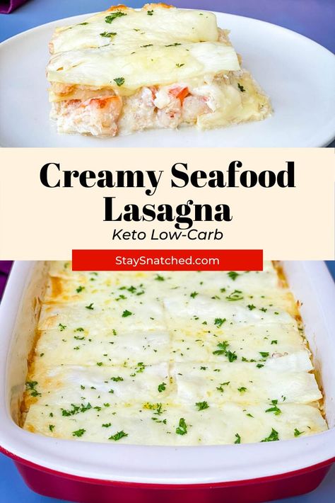 This Creamy White Seafood Lasagna recipe is easy to whip up and is loaded with jumbo shrimp, lump crab, and lobster. The cheesy alfredo cream sauce is the best. This dish comes with a healthy variation, too! You won't need to dine out at Olive Garden for this one. #KetoLasagna #Keto Keto Seafood Mac And Cheese, Shrimp And Crab Alfredo Recipe, Low Carb Lobster Recipes, Imitated Crab Recipes Keto, Keto Lobster Recipes, Low Carb Seafood Recipes, White Seafood Lasagna, Seafood Lasagna Recipe, Lasagna Video