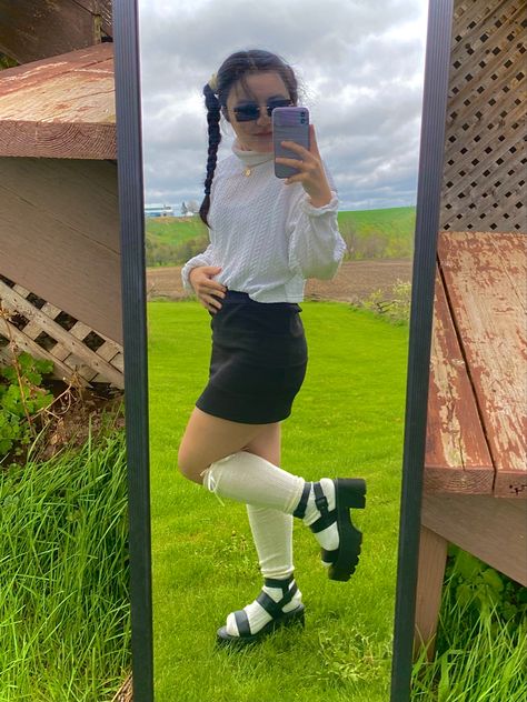 Chunky Platform Sandals Outfit, Platform Sandal Outfit, White Knee Socks, Frameless Glasses, Platform Sandals Black, Necklaces Black, Cropped Turtleneck, Chunky Platform Sandals, Black Platform Sandals