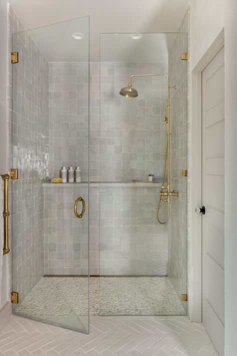 Elegant and Detail-Driven Bathroom Renovations in a Vashon Island Farmhouse | Rue Luxury Shower Ideas, Luxury Shower, Master Bath Remodel, Zellige Tile, Upstairs Bathrooms, Bathroom Redo, Bathroom Renos, House Bathroom, Bathroom Remodel Master