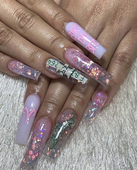 Money Acrylic Nails, Extendo Nails, 21st Birthday Nails, Birthday Nail Designs, Long Acrylic Nail Designs, Exotic Nails, Nail Swag, Pink Acrylic Nails, Birthday Nails