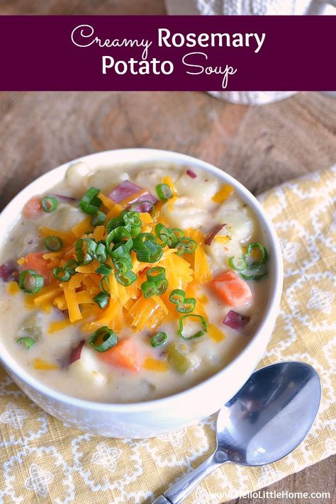 This hearty, comforting, and delicious Creamy Rosemary Potato Soup is the perfect winter meal! Make this Creamy Potato Soup from ingredients you probably already have in your cupboard. This easy Potato Soup recipe is the ultimate winter comfort food! | Hello Little Home #vegetarian #vegetarianrecipes #soup #souprecipe #potatosoup #comfortfood #vegetariancomfortfood Soup With Rosemary, Winter Vegetarian Recipes, Autumn Recipes Vegetarian, Potato Soup Easy, Rosemary Potatoes, Vegetarian Comfort Food, Vegetarian Soup Recipes, Pizza Margherita, Potato Soup Recipe