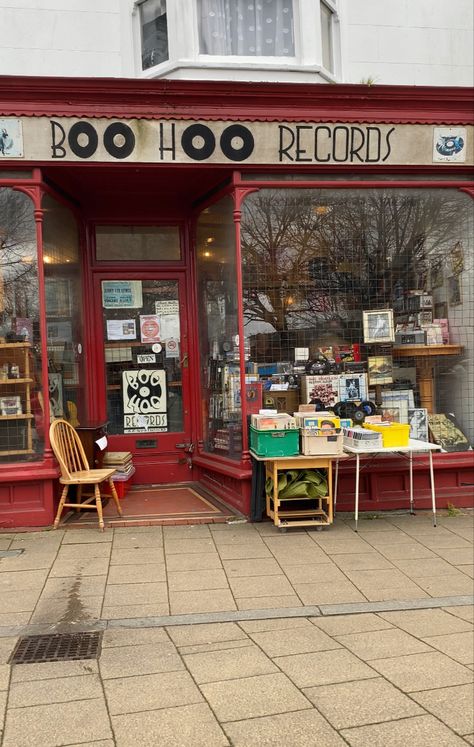 Music Store Exterior, Record Shop Exterior, Small Record Store, Record Store Exterior, Bloxburg Record Store, Music Store Aesthetic, 1990 Vibes, Record Store Aesthetic, Cd Store