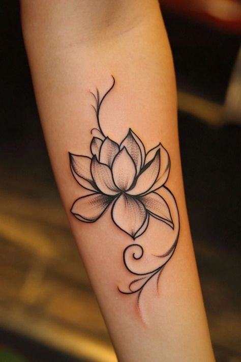 Lotus flower tattoo with delicate swirling accents on forearm. One Flower Tattoo Simple, Forearm Tattoo Women Small Meaningful, Black Fine Line Tattoo, Delicate Wrist Tattoos For Women, Front Arm Tattoo Woman, First Tattoo Placement, First Tattoo Ideas For Women, Flower Tattoo Simple, First Tattoos