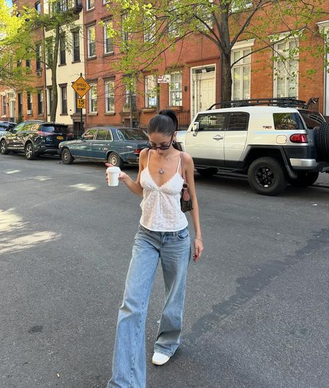 sometimes all you need is coffee, flowers, and a good pair of jeans 🥰 @nilsani White Camisole Outfit, Outfits With Jeans Casual, Lace Camisole Outfit, White Top Outfit Summer, Summer Outfits With Jeans, Camisole Top Outfit, White Top And Blue Jeans, Camisole Outfit, Blue Skirt Outfits