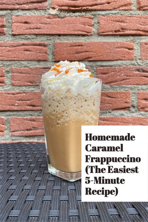 Who has time to run out and get a Frappuccino when you can make one at home in just five minutes? This recipe is so simple. All you need are some basic ingredients that you probably already have in your kitchen. Frappachino Recipe, Caramel Ribbon Crunch Frappuccino, Ribbon Crunch Frappuccino, Salted Caramel Mocha Frappuccino, Caramel Ribbon Crunch, Homemade Mocha, Homemade Frappuccino, Salted Caramel Mocha, Frappe Recipe