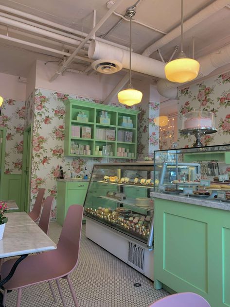 Pink And Green Bakery, Book Store Bakery, Green Bakery Aesthetic, Tiana Core, Cupcake Shop Interior, Green Bakery, Bistro Interior Design, Bloxburg Pictures, Floral Cafe