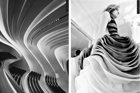 From Fashionable Architecture - Zaha Hadid vs. Dior Zaha Hadid Fashion Design, Zaha Hadid Inspired Fashion, Fashion And Architecture Moodboard, Abaya Logo, Fashion Inspired By Architecture, Architecture Inspired Fashion, Zaha Hadid Interior, Architect Fashion, Fashion Installation