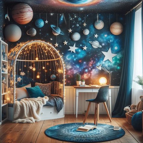 Teen Space Bedroom, Girl Space Room, Girls Space Bedroom, Themed Room Ideas, Outer Space Bedroom Decor, Space Playroom, Ocean Kids Room, Galaxy Nursery, Outer Space Bedroom