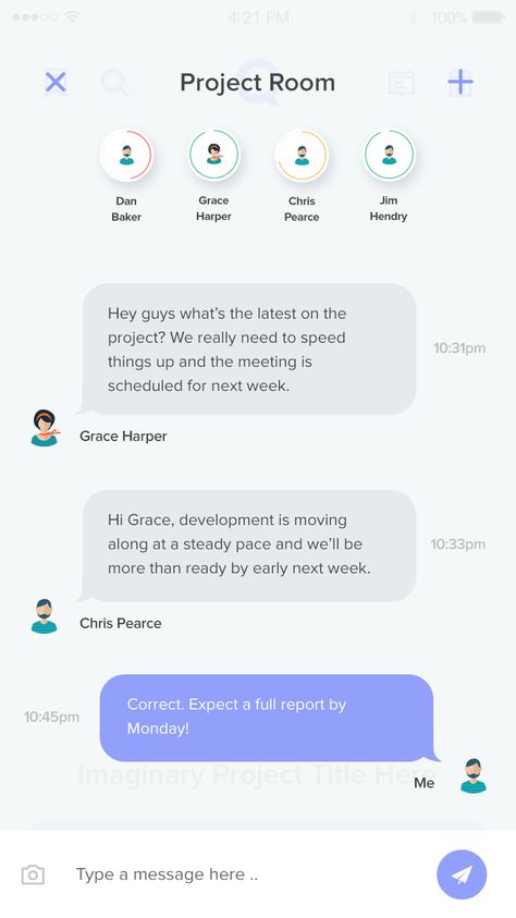 I've got two internal screens for you today for the Project Management tool on iOS.  We have a Chat Room screen which is nested inside & unique to each project, showing a scrolling row of curre... Ui Design Tutorial, Mobile Design Inspiration, Gui Design, Mobile Ui Design, Room Screen, Ios Design, Project Management Tools, App Interface, Ui Design Inspiration