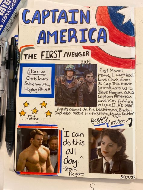 Avengers Journal Ideas, Marvel Journal Ideas, Movie Scrapbook Ideas, Avengers Journal, Punk Journal, Marvel Scrapbook, Marvel Journal, Series Journal, Captain America The First Avenger