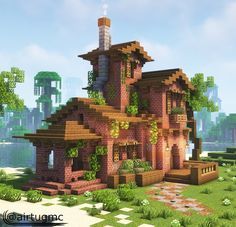 Minecraft Jungle House, Minecraft Brick, Minecraft Mountain House, Minecraft Mountain, Bangunan Minecraft, Minecraft House Plans, Jungle House, Minecraft Farm, Minecraft Cottage