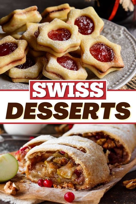 These traditional Swiss desserts will take you on a culinary trip to Switzerland. From cookies to fruit to strudel, you'll fall in love with these treats. Swiss Baking Recipes, Swiss Dessert Recipes, Swiss Cuisine Recipes, Swiss Christmas Food, Swiss Desserts Traditional, Switzerland Food Recipes, Swiss Food Traditional, Swiss Recipes Switzerland, Swiss Food Recipes