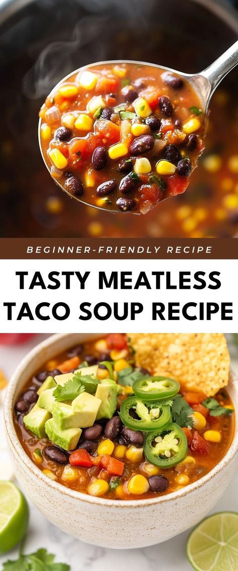 Image for Tasty Meatless Taco Soup Recipe Vegetarian Taco Soup Crock Pot, Vegetable Taco Soup, Meatless Taco Soup, Vegetarian Taco Soup, Meatless Soup Recipes, Meatless Soup, Meatless Soups, Meatless Taco, Vegetable Tacos