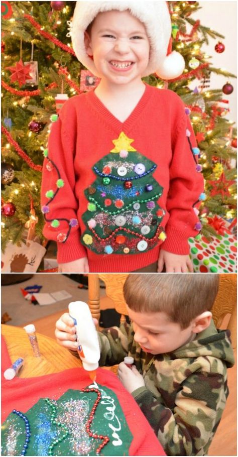 Ugly Sweater For Kids, Easy Ugly Christmas Sweater, Toddler Ugly Christmas Sweater, Making Ugly Christmas Sweaters, Boys Ugly Christmas Sweater, Homemade Ugly Christmas Sweater, Ugly Christmas Sweater Diy Funny, Festive Sweaters, Kids Ugly Sweater