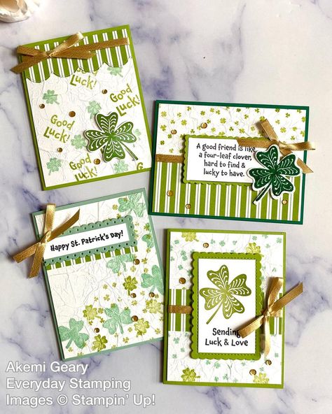 Here is a group of St. Patrick’s Day cards with the Lucky Clover stamp set using the Faux Silk Technique- fun stamping technique with the… | Instagram St Patrick’s Day Cards Handmade, Lucky Clover Stampin Up Cards, Stampin Up St Patricks Day Cards, St Patrick’s Day Cards, Stampin Up Lucky Clover, St Patricks Day Cards Handmade, St Patrick's Day Cards, St Patricks Day Cards, Bookmark Pattern