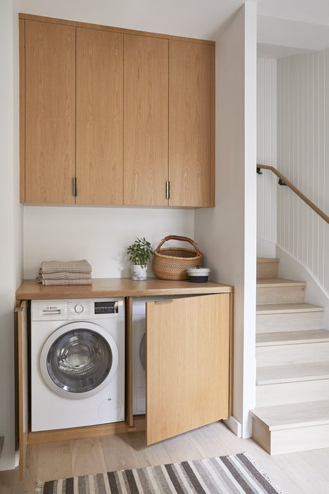 Covered Laundry Area, Laundry Inside Kitchen, European Laundry In Kitchen, Enclosing Washer And Dryer, Laundry In Cabinet, Laundry Room Nook, Laundry In Living Room, Laundry Hidden In Cabinet, Mid Century Laundry Room Ideas