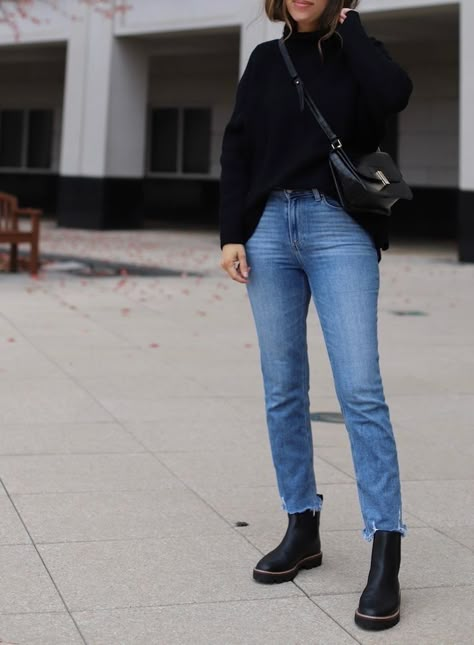 Gray Mock Neck Sweater Outfit, Fall Outfits Women Straight Jeans, Chunky Boots Fall Outfits, Casual Black Sweater Outfit, Sweater Dress Work Outfit Winter, Chunky Boot Outfit Winter, Straight Jeans And Sweater, Fall Outfits With Shoes, Winter Outfits Jeans Boots