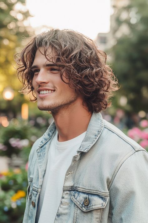 Discover the allure of trendy men's curly hairstyles that boast both style and simplicity. This particular hairstyle combines well-defined curls with a neat undercut, creating a striking contrast that enhances your features. Perfect for a casual day out or a special occasion, this look embodies confidence and sophistication. Elevate your grooming game and embrace the natural texture of your hair with these stunning curly hairstyles. Mens Curly Haircuts Long, Mens Midlength Hairstyles Curly, Curl Men Hairstyles, Mid Curly Hair Men, Mens Long Hairstyles Curly, Mid Long Curly Hair Men, Long Curls Men, Mens Perms, Mens Mid Length Curly Hairstyles