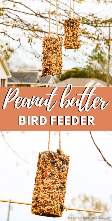 Peanut butter bird feeder. How to make an easy toilet roll bird feeder craft for kids. Apple Bird Feeder Diy, Birdseed Ornaments Recipe Peanut Butter, Peanut Butter Bird Seed Ornaments, Homemade Bird Treats, Peanut Butter Bird Feeder Diy, Diy Bird Feeder Kids, Birdseed Crafts, Bird Feeder Ornaments, Diy Birdseed Ornaments