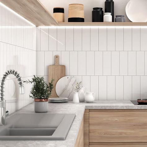 Vertical Metro Tiles Kitchen, Metro Tile Patterns, Subway Tiles In Kitchen, Small Subway Tile Backsplash, Vertical Metro Tiles, Tile Patterns Kitchen, White Glossy Tiles, Kitchen Wall Tiles Ideas, White Kitchen Splashback Ideas