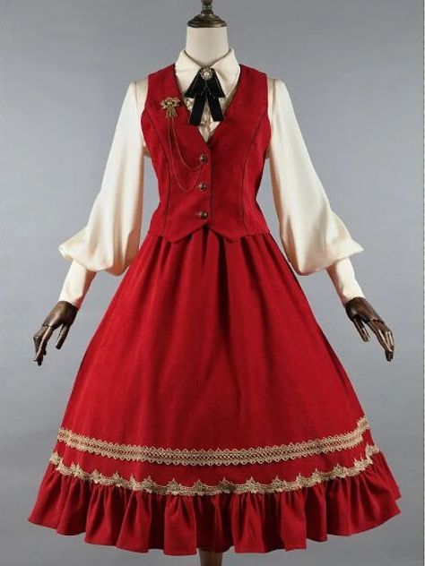 Song of Red and Blue Red Vest+Flounce Hemline Skirt+Long Sleeves Shirt Full Set Red Vest, Short Vest, Skirt Long, Turndown Collar, Red Skirts, Red Outfit, Elegant Shirt, Lolita Dress, Lolita Fashion