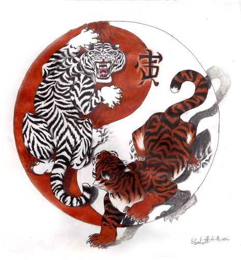 Tiger Ying-Yang by Kyori-kat-83 Yin Yang Images, Yin Yang Illustration, Japanese Tiger Tattoo, Ying Yang Tattoo, Yin Yang Koi, Chinese Tiger, Tiger Dragon, Yang Tattoo, Yin Yang Designs