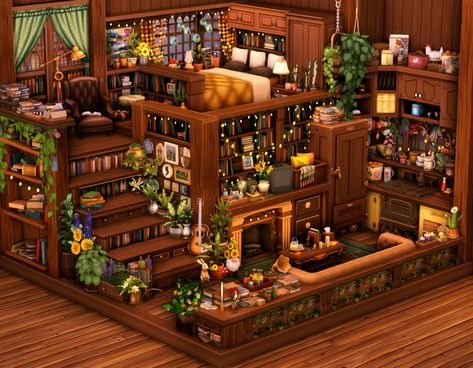 Sims 4 Library Build, Aesthetic Sims 4 House, Sims Build Ideas, Sims 4 House Layout, Sims 4 Inspiration, Sims 4 Witch House, Sims Layout, Sims 4 Loft, Book Bedroom