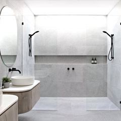 KITCHEN / Photo Gallery / Polytec Grey Bathrooms Designs, Double Shower, Diy Bathroom Remodel, Bathroom Tile Designs, Bathroom Design Luxury, Grey Bathrooms, Minimalist Bathroom, Bathroom Tile, Bathroom Remodel Master