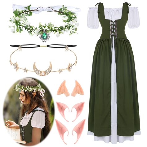 PRICES MAY VARY. Authentic Renaissance Costume Set: transform into a renaissance beauty with our traditional viking dress, complete with elegant bell sleeves and a corset style bodice; The set also includes three different styles of elf ears, a vintage moon forehead chain, and a woodland flower crown headband for a touch of enchantment Quality Material: crafted from a durable blend of polyester and spandex, our medieval fairy costume set is soft and comfortable to wear; The adjustable strap ensu Green Fairy Ren Faire, Ren Faire Elf Costume, Cute Fairy Halloween Costumes, Female Elf Costume, Fae Halloween Costumes, Elf Costume Aesthetic, Woodland Creature Costume, Green Elf Outfit, Nature Fairy Costume