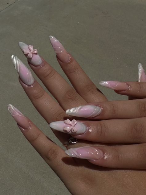 Dramatic Almond Nails, Ethereal Acrylic Nails, Vintage Pink Nails, Almond Airbrush Nails, Almond Long Nails Design, Pink And White Aura Nails, Almond Nails Extra, Pink Airbrush Nails, 3d Art Nails