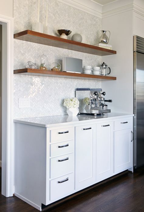 Kitchen with Herringbone Pattern Tiles, Contemporary, Kitchen, Beth Haley Design Shelves Above Couch, Floating Shelves Living Room, Floating Shelves Kitchen, Floating Shelves Bathroom, Kabinet Dapur, Rustic Floating Shelves, Smitten Kitchen, Wood Floating Shelves, Coffee Station