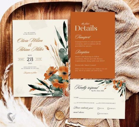 21 Beautiful Fall Wedding Invitations - LADY WEDDINGS August Wedding Invitations, Green And Orange Wedding Invitations, Autumn Wedding Stationery, Emerald Green And Orange Wedding, Orange And Green Wedding Colors, Burnt Orange And Emerald Green Wedding, Burnt Orange And Green Wedding, Green And Orange Wedding, Orange And Emerald Green