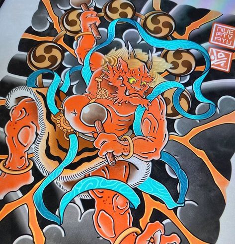 K.Irezumi| Japon dövmesi | Istanbul | Raijin - God of thunder, lightning and storms Easily could be implemented in big tattoo composition #japanesetattoo #japanesedemon… | Instagram Japanese God Of Thunder, Japanese Thunder God Tattoo, Japanese Gods Tattoo, Japanese Fire Tattoo, Raijin God, Raijin Tattoo, Thunder Tattoo, Tattoo Composition, Bali Tattoo