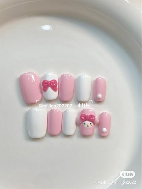 Sanrio Inspired Nails, Cute Sanrio Nails, My Melody Nails, Paznokcie Hello Kitty, Coquette Nails, Cute Nail Polish, Harajuku Anime, Fake Nails Designs, Dark Academia Clothes