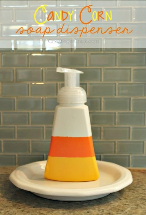 Halloween Decorations: Candy Corn Soap Dispenser | The NY Melrose Family Candy Corn Crafts, Fall Dec, Halloween Soap, Halloween Candy Corn, Halloween Everyday, Diy Thanksgiving, Fall Stuff, Festival Ideas, Autumn Decorating