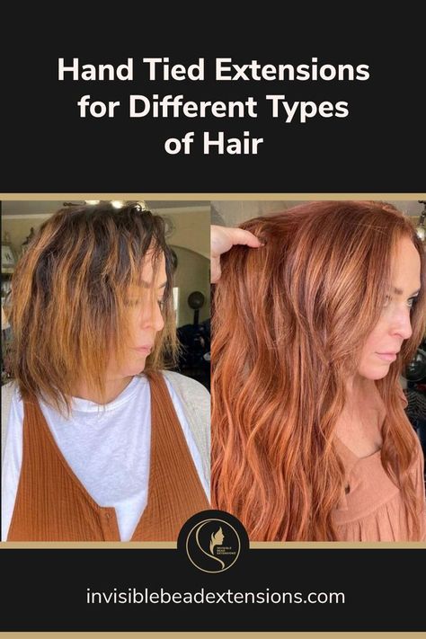 On the left a lady's headshot without Hand Tied Extensions. On the right, a lady with Invisible Bead Extensions® applied in her hair. Long Hair Fine, Wavy Or Curly Hair, Hand Tied Extensions, Dense Hair, Thinning Edges, Medium Length Wavy Hair, Hair Extensions Before And After, Edges Hair, Types Of Hair