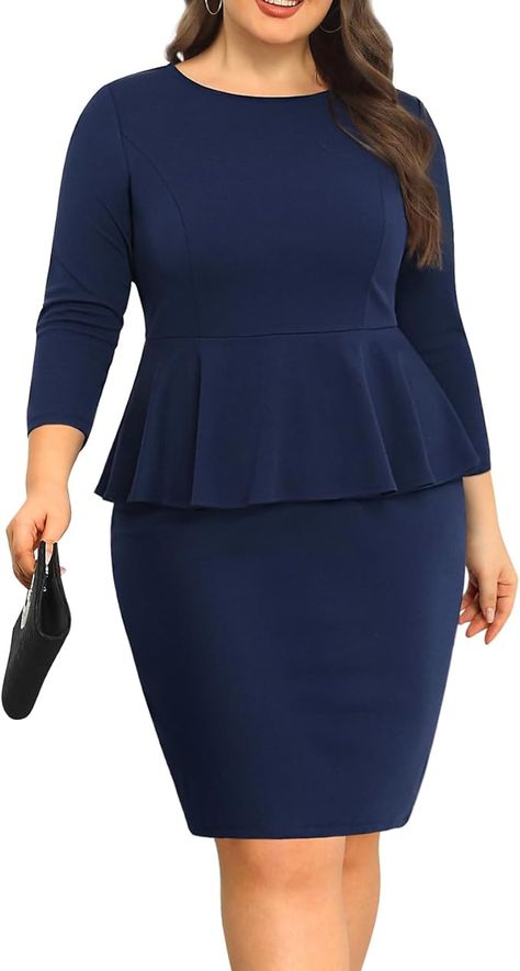 【3/4 sleeve pencil dress】The elegant long-sleeved design makes this bodycon solid color dress perfect for spring, fall, and winter. 【Peplum bodycon dress】The peplum-style dresses can showcase your charming curves and highlight the elegance and confidence of women. Plus Size Peplum Dress, Pinup Fashion, Dresses For Woman, Women Bodycon Dress, Peplum Styles, Solid Color Dress, Color Dress, Fashion Business, Business Dresses