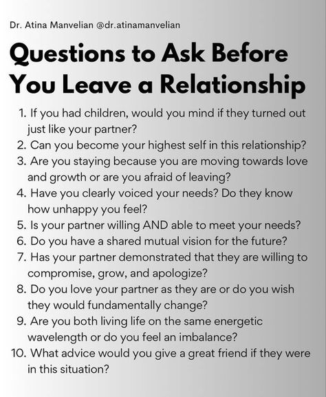 10 questions to ask before you leave a relationship Signs Its Over Relationships, How To Know When To Leave A Relationship, Relationship Expectations List, Relationship Standards List, End Of Relationship, Save Relationship, Leaving A Relationship, Marriage Advice Quotes, Mental Health Facts