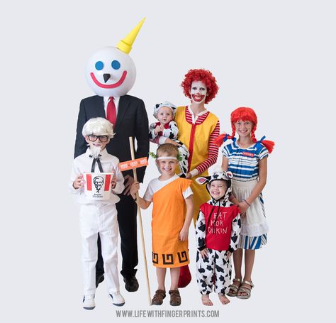 Fast Food Mascots-awesome family halloween costumes | Life With Fingerprints Fast Food Mascot Halloween Costumes, Fast Food Family Costume, Food Mascot Costumes, Fast Food Mascots Costumes, Diy Ronald Mcdonald Costume, Fast Food Characters Costumes, Campground Halloween Ideas, Fast Food Halloween Costumes, Food Costumes Diy