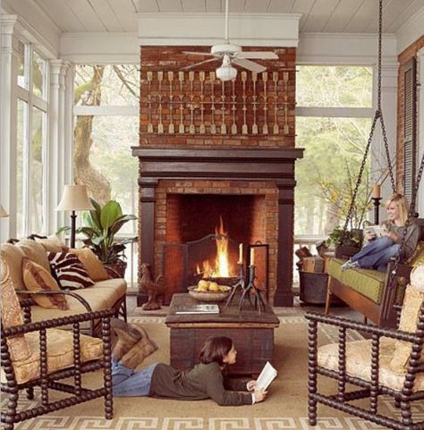 The porch Living Pool, Porch Fireplace, Porch Addition, Hm Home, Screen Porch, Diy Pergola, Cozy Fireplace, Outdoor Porch, Fall Porch