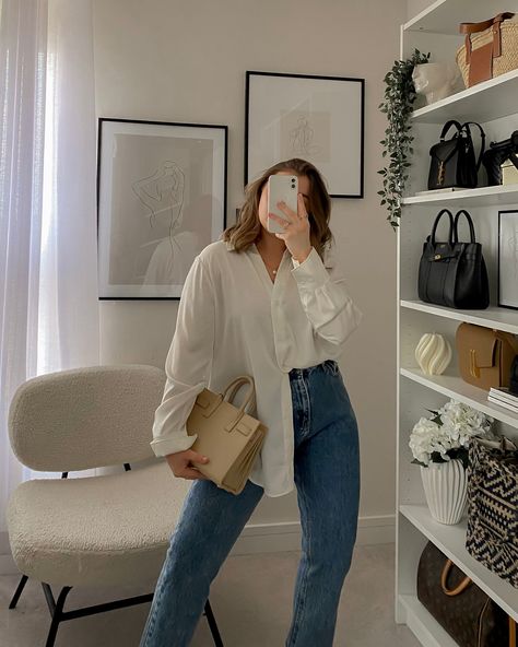 Silk shirt and blue jeans White Shirt Old Money Outfit, Satin Collared Shirt Outfit, Quiet Luxury Curvy, Plus Size Button Up Shirt Outfit, Silk Button Down, White Shirt Outfit Plus Size, Old Money Aesthetic Outfit Plus Size, Clean Girl Aesthetic Outfits Plus Size, Satin Shirt Outfit Ideas