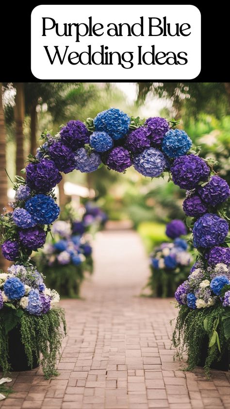 Purple and blue wedding arch decor setup. Purple Blue Black Wedding, Purple And Dark Blue Wedding, Blue And Purple Wedding Ideas, Color Palettes Purple, Royal Blue And Purple Wedding, Purple Wedding Arch, Dark Purple Wedding Theme, Purple Blue Wedding, Purple And Blue Wedding