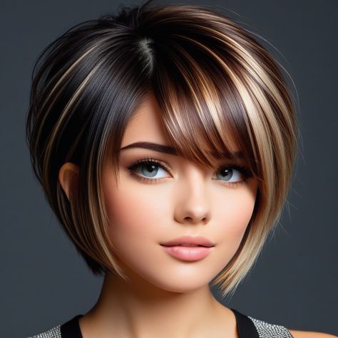 Effortless Feminine Pixie Cuts to Try Chin Length Stacked Bob With Bangs, Bob With Bangs Fine Hair Over 40, Short Aline Bob With Bangs, Aline Bobs For Fine Hair, Chin Length Bobs For Fine Hair, Stacked Bobs For Fine Hair, Short Angled Bob Haircut For Fine Hair, Slanted Bob Haircut, Angled Bob Haircuts For Fine Hair